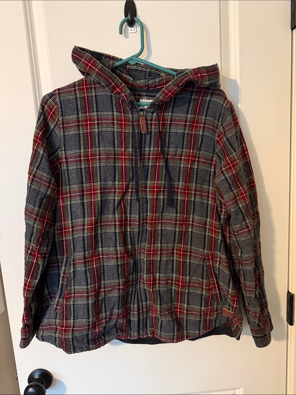 L.L. Bean Plaid Hooded Jean Jacket in Red and Gray